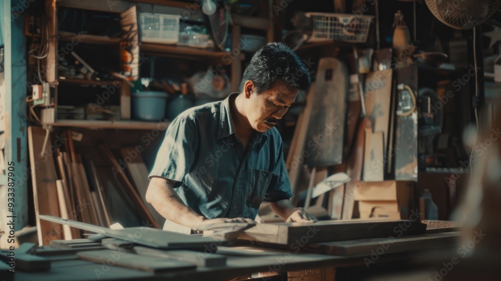 A person works on a wooden project in a well-lit workshop, surrounded by tools and materials A person works on a wooden project in a well-lit workshop, surrounded by tools and materials