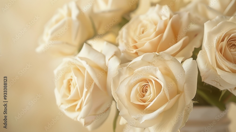A close-up of cream roses in a vase, with soft petals glowing in natural light A close-up of cream roses in a vase, with soft petals glowing in natural light