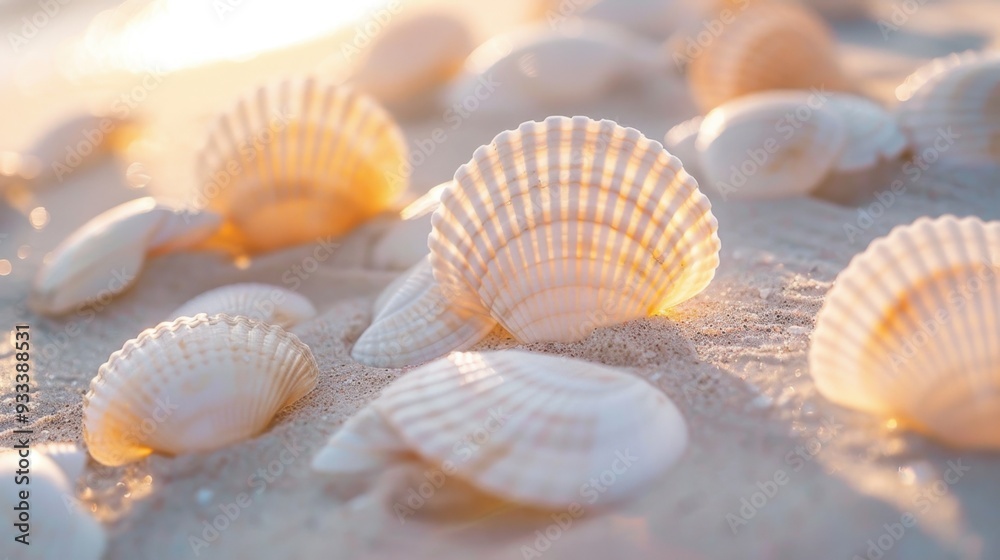 A close-up of cream-colored seashells arranged on a sandy beach, catching the morning light A close-up of cream-colored seashells arranged on a sandy beach, catching the morning light