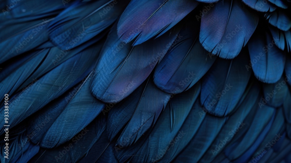 A close-up of dark blue feathers, arranged in a fan, showcasing their rich texture A close-up of dark blue feathers, arranged in a fan, showcasing their rich texture