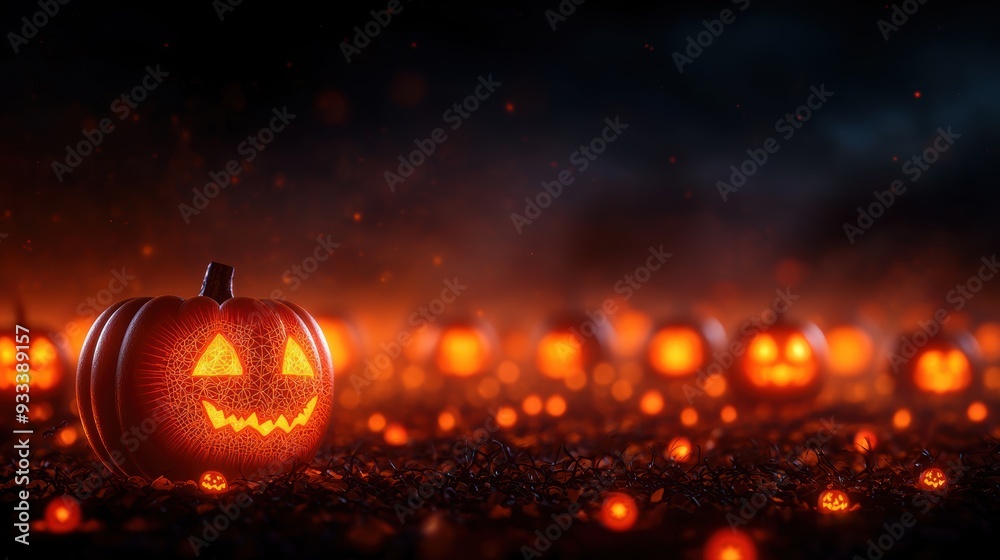 Naklejka premium Glowing Pumpkin Fractal Patterns for Psychedelic Halloween - Copy Space and Selective Focus in Ultra HD