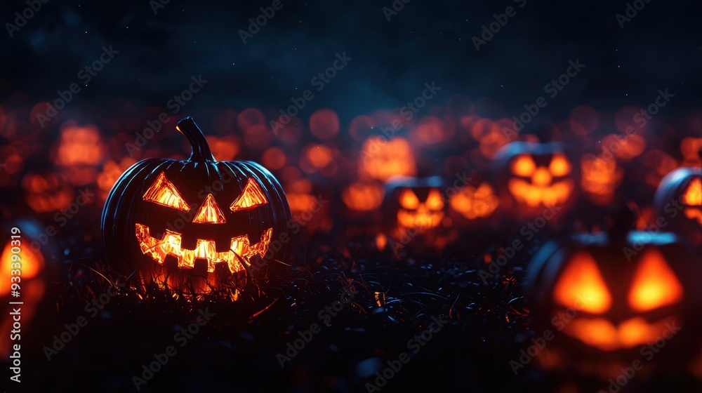 Naklejka premium Futuristic Holographic Jackolanterns Flickering in Ultra HD Halloween Art with Copy Space