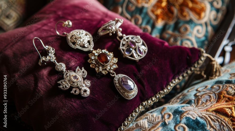 A close-up of silver earrings with delicate gemstones, displayed on a velvet cushion A close-up of silver earrings with delicate gemstones, displayed on a velvet cushion