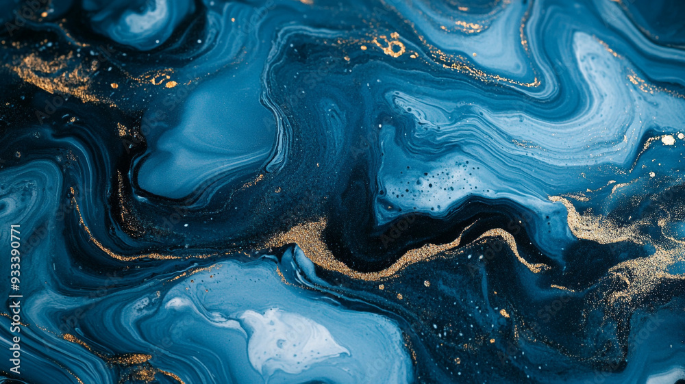 Abstract swirling blue and gold pattern with glossy textures, showcasing intricate details and vibrant hues Abstract swirling blue and gold pattern with glossy textures, showcasing intricate details and vibrant hues