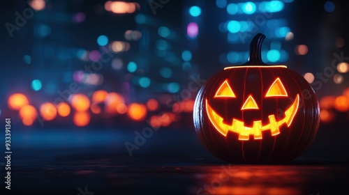 Wallpaper Mural Vibrant Jack-o'-lanterns Illuminated by Neon Lights in Urban Halloween Setting with Copy Space, Selective Focus, Ultra HD Torontodigital.ca