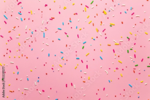 A vibrant background of colorful candy sprinkles on a pink surface, conveying a playful and festive atmosphere.
