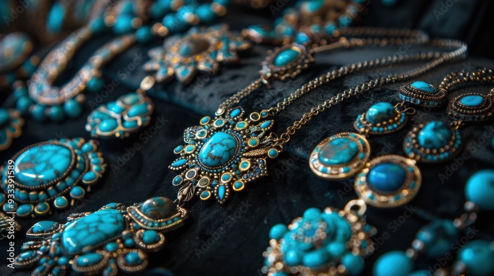 A close-up of turquoise jewelry displayed on a black velvet background, highlighting its detail A close-up of turquoise jewelry displayed on a black velvet background, highlighting its detail