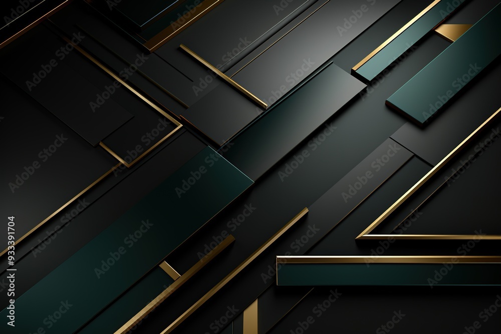 Abstract background with black, green, and gold geometric shapes. Abstract background with black, green, and gold geometric shapes.