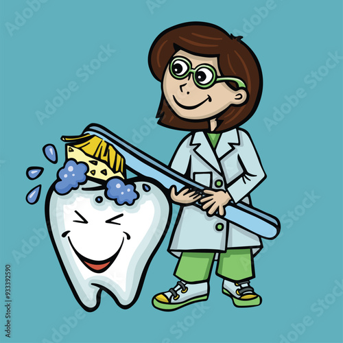Dentist happily brushing tooth, vector illustration