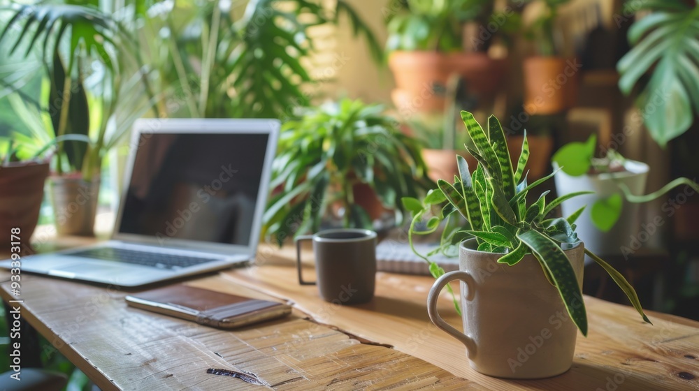 A cozy home office with a laptop, coffee mug, and potted plants on a wooden desk