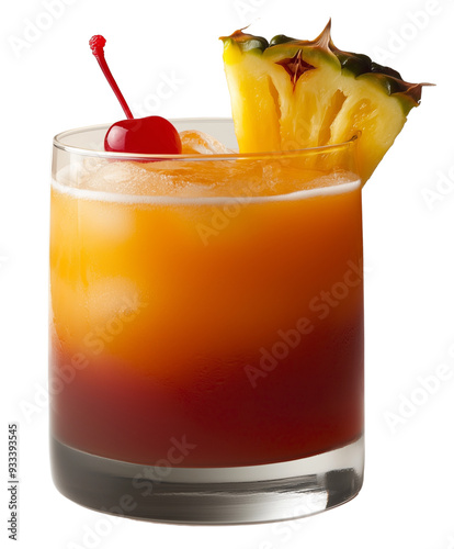  Mai Tai cocktail with rum orange juice and grenadine garnished with pineapple slice and cherry served in tiki glass isolated on transparent background