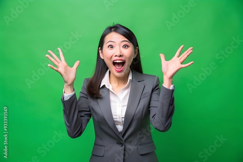 Young Asian businesswoman open mouths raising hands screaming announcement isolated on green background