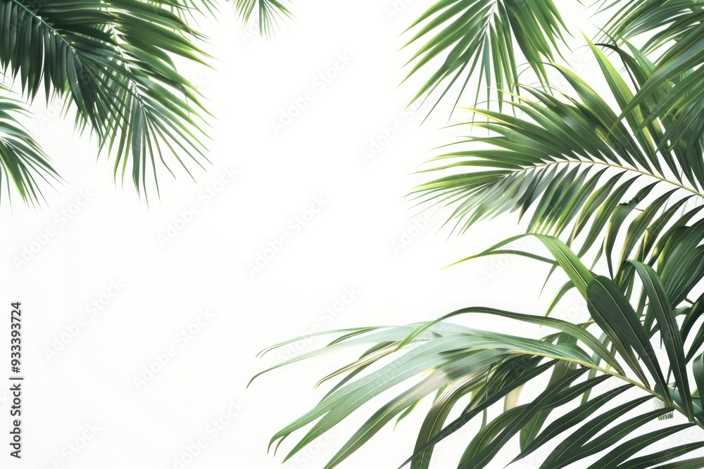 A close-up shot of palm leaves against a pure white sky, great for background or design use