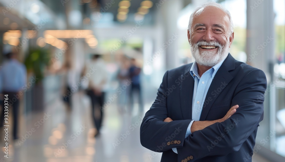 Senior businessman smiling with arms crossed, sleek office, blurred people walking behind, professional photo quality.