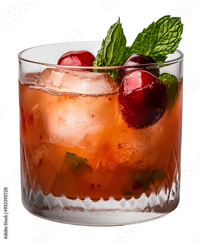 cherry bourbon smash cocktail with muddled cherries, mint and bourbon, garnished with cherry and mint sprig,served in rocks glass isolated on transparent background photo