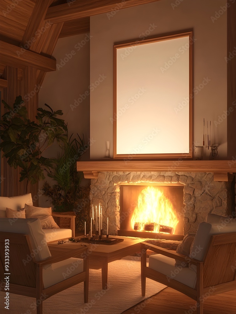 A 3D rendered mockup showcasing a white background frame nestled within a cozy and warm living room setting The room features a fireplace wooden furniture and soft ambient lighting A 3D rendered mockup showcasing a white background frame nestled within a cozy and warm living room setting The room features a fireplace wooden furniture and soft ambient lighting
