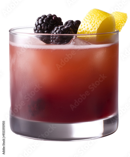  Blackberry Bramble cocktail with gin, blackberry liqueur and fresh blackberries, garnished with  lemon twist served in rocks glass isolated on transparent background photo