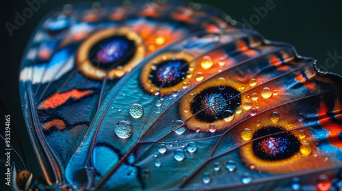 Close-Up of Vibrant Butterfly Wing with Colorful Patterns and Water Droplets, Showcasing Stunning Details of Nature’s Design in Blue, Orange, and Yellow Hues Under Macro Photography