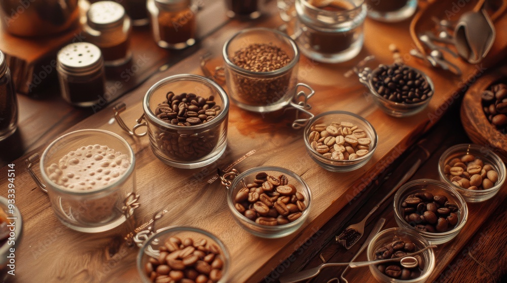 Close-Up of a Variety of Coffee Beans and Ground Coffee in Glass Cups on a Wooden Tray, Featuring Different Textures and Colors, Creating a Warm and Inviting Setting for Coffee Lovers