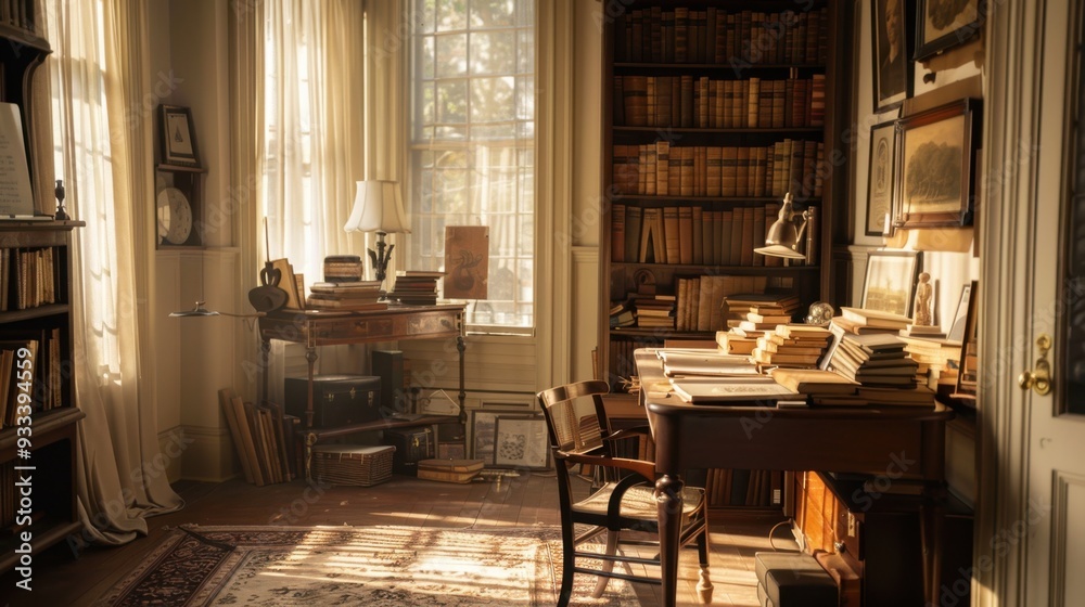 A cozy study with cream-colored walls and a wooden desk, filled with books and curios A cozy study with cream-colored walls and a wooden desk, filled with books and curios