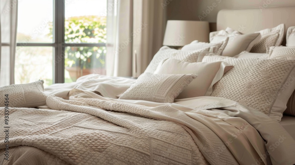 A cream-colored bedspread neatly arranged on a bed, with pillows adding comfort A cream-colored bedspread neatly arranged on a bed, with pillows adding comfort