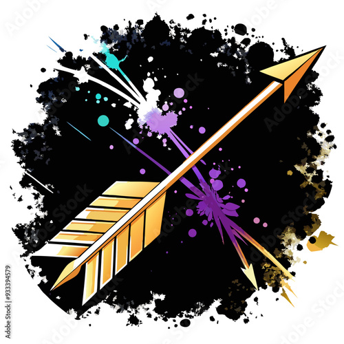  a stylized illustration of an arrow. The arrow is golden in color and is positioned diagonally from the bottom left to the top right. It has a detailed fletching and a pointed tip