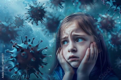 Teenage girl filled dread staring anxiously crowd. Fear consumes teenage girl she gazes pandemic threat. This scene highlights emotional and psychological impact of pandemics youth. photo