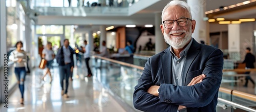 Senior businessman with arms crossed, smiling in modern office, people walking in background, professional photo style.