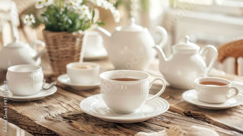 Wallpaper Mural A cream-colored tea set arranged on a wooden table, ready for an afternoon gathering Torontodigital.ca