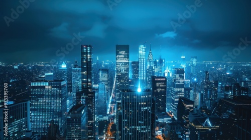 Wallpaper Mural A dark blue cityscape at night, with skyscrapers lit up against the sky Torontodigital.ca