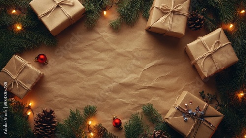 A bunch of presents wrapped in brown paper with christmas lights, AI