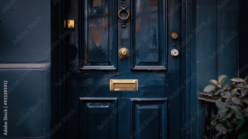Fototapeta premium A dark blue door with a vintage brass handle, adding character to a historic building