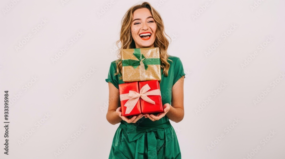 Woman in Green Dress Holding Gift Boxes Woman in Green Dress Holding Gift Boxes