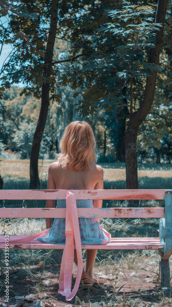Woman Sitting on Pink Ribbon Bench in Park for Breast Cancer Awareness
Woman Sitting on Pink Ribbon Bench in Park for Breast Cancer Awareness
