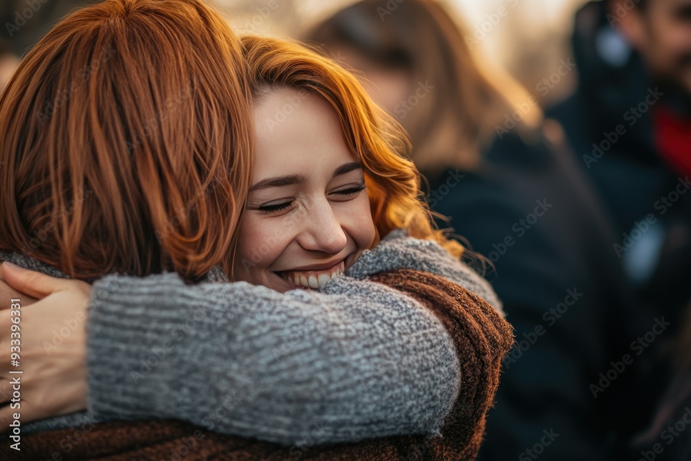 Woman with Red Hair Embraces Another Woman While Smiling Woman with Red Hair Embraces Another Woman While Smiling