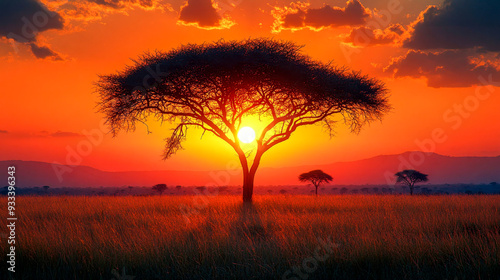 Beautiful sunset over the african savanna with acacia trees silhouetted against a red sky