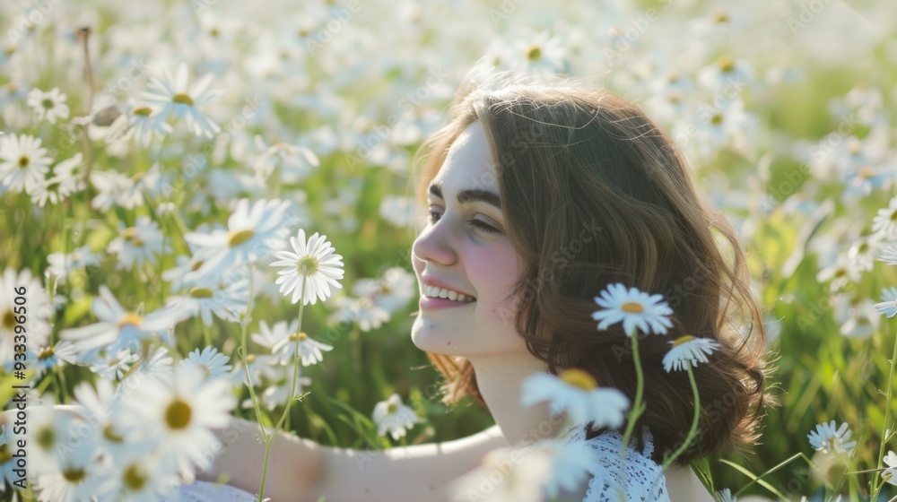 Fototapeta premium Smiling Woman in a Field of Daisies