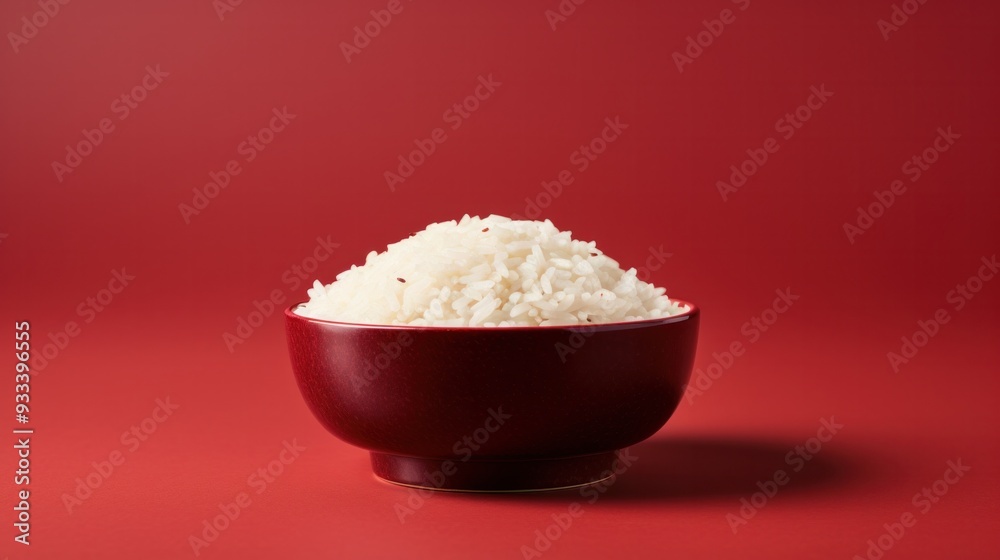 A bowl of cooked white rice with a single grain of ruby rice standing out prominently A bowl of cooked white rice with a single grain of ruby rice standing out prominently