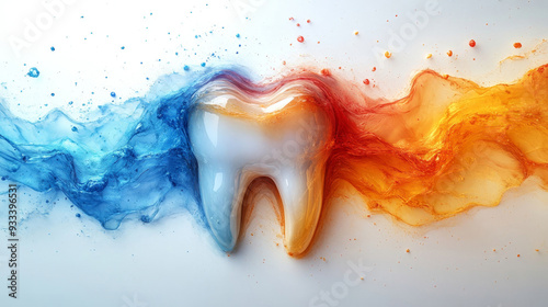 White tooth reacting to cold and hot sensations, showing cold and hot waves on a white background