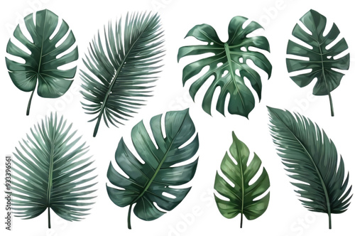 Collection of tropical leaves, green palm leaves, monstera, and other exotic plants isolated on white background.