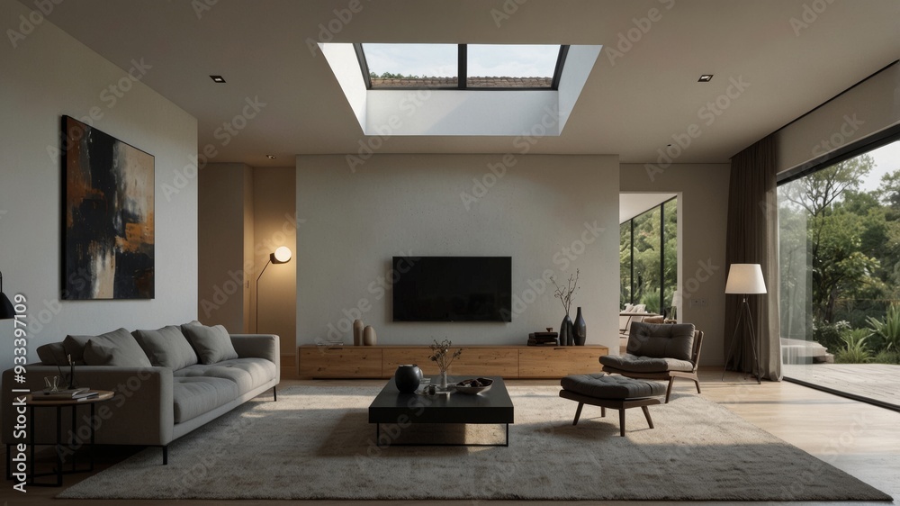 minimalist modern living room with a lofted ceiling