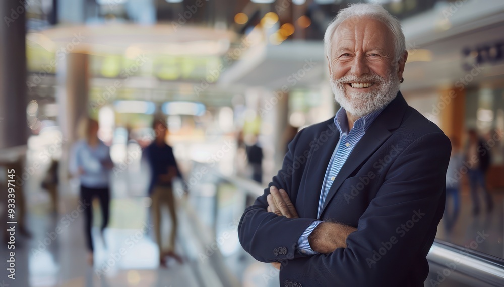 Senior businessman with arms crossed, smiling in a modern office, people walking in background, captured professionally. Senior businessman with arms crossed, smiling in a modern office, people walking in background, captured professionally.
