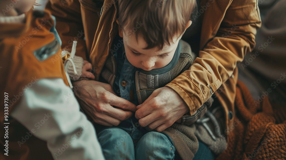 Detailed shot of a motherâs hands buttoning up her childâs shirt while balancing another child on her knee Detailed shot of a motherâs hands buttoning up her childâs shirt while balancing another child on her knee