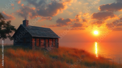 A serene sunset view of a rustic cabin by the water.