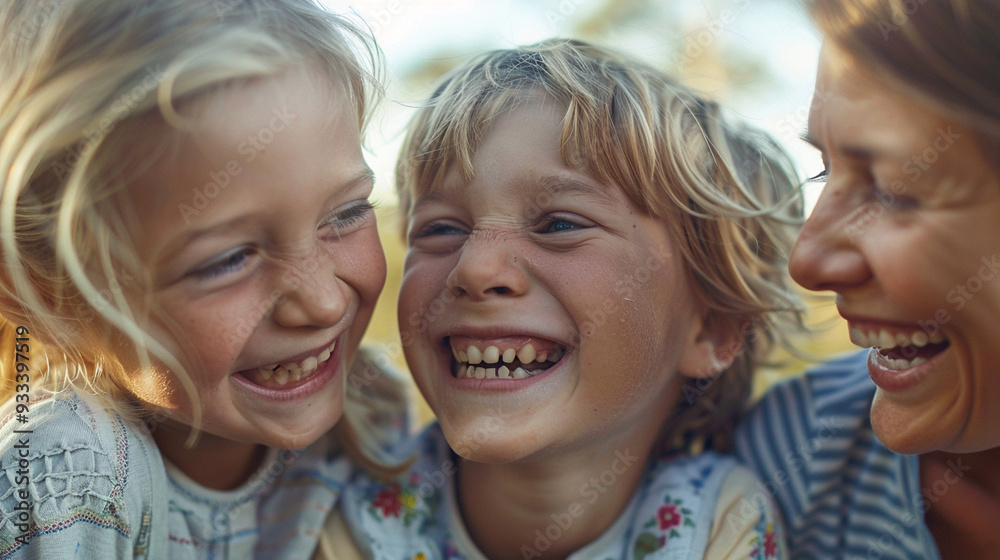 Close-up of a motherâs face looking lovingly at her children as they laugh together Close-up of a motherâs face looking lovingly at her children as they laugh together