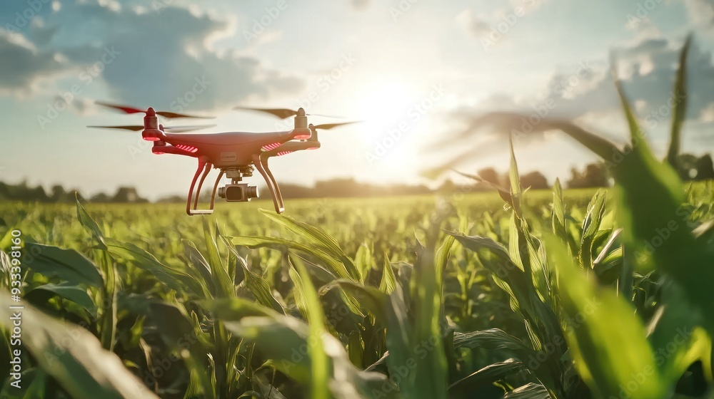 A red drone flying over a green cornfield with the sun shining in the background, possibly being used for agricultural monitoring or aerial photography. A red drone flying over a green cornfield with the sun shining in the background, possibly being used for agricultural monitoring or aerial photography.