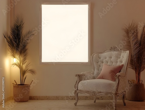 A cozy and inviting reading nook featuring a white background frame plush upholstered armchair in a vintage inspired design and soft ambient lighting photo