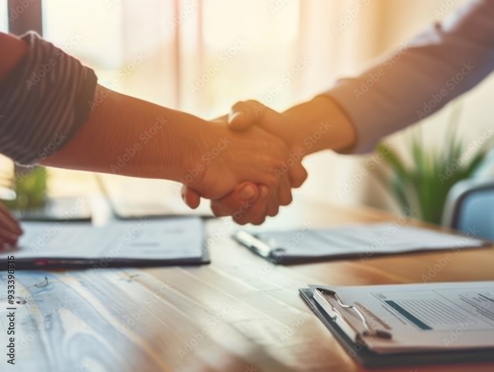 Shaking hands, documents on desk, business teamwork concept, close-up necks, cinematic light, copy space. Shaking hands, documents on desk, business teamwork concept, close-up necks, cinematic light, copy space.
