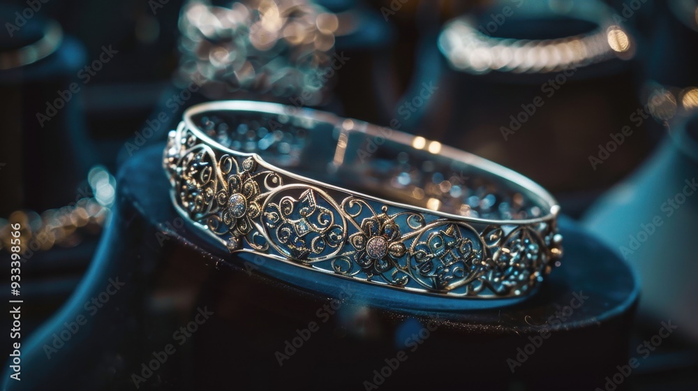 A luxury silver bracelet displayed on a velvet stand, with intricate detailing A luxury silver bracelet displayed on a velvet stand, with intricate detailing