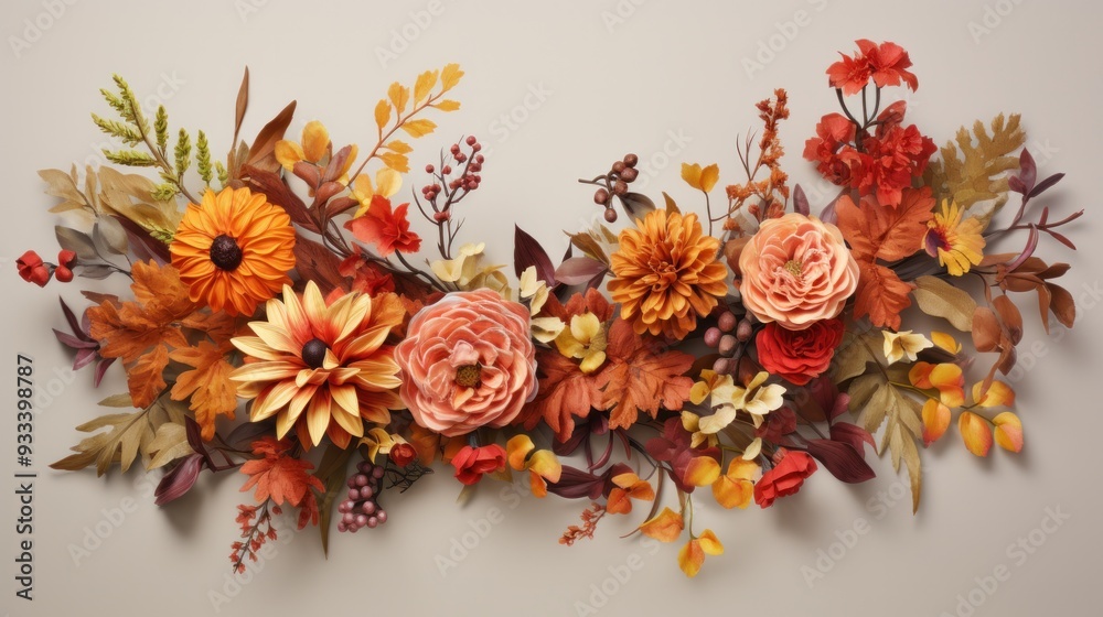 A close-up photorealistic depiction of an autumn wreath, showcasing the intricate details of the leaves, flowers, and other adornments, capturing the essence of the autumn season A close-up photorealistic depiction of an autumn wreath, showcasing the intricate details of the leaves, flowers, and other adornments, capturing the essence of the autumn season